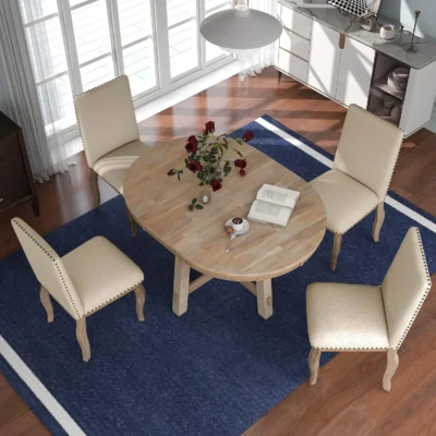 Kitchen Dining Table Set for 4, Wood Round Extendable Dining Table and 4 Dining Chairs Dining Table Set