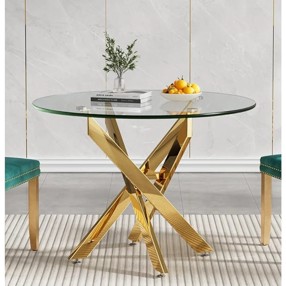 Round Dining , Modern 36" Glass Kitchen & Dining Room Tables w/0.32" Tempered Glass Top & Gold Finish Metal Legs
