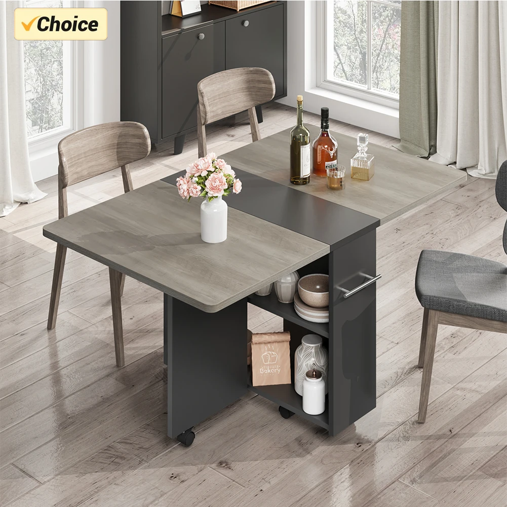Folding Dining Table Drop Leaf Dining Table with 6 Wheels and 2-Layer Storage Shelf Space Saving Dining Table for Small Spaces