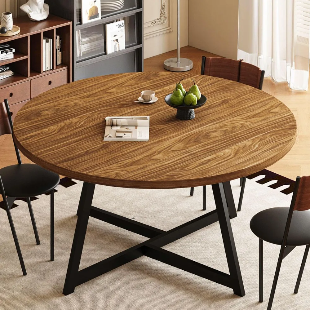 59 INCH Round Dining Table for 4-8, Wood Round Dinner Tables with Industrial Support, Kitchen Table with Waterproof Tabletop