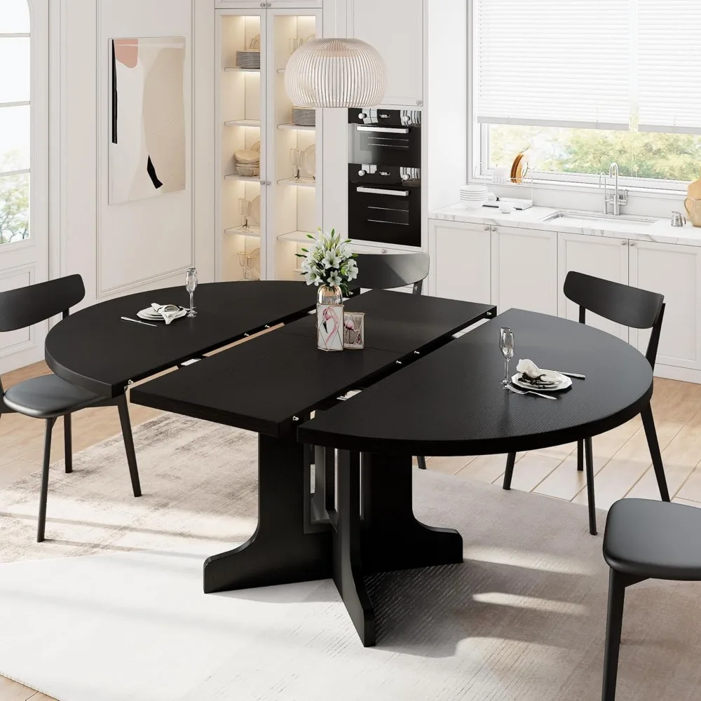 59" Extendable Round Dining Table for 4-6, Modern Kitchen Table with Heavy Duty Pedestal Base & Wooden Top, Oval Dining Tables